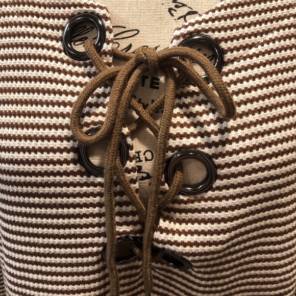 Coverstitched Medium Brown White Striped Lace-Up Women's Top L/S Tie Front - Picture 4 of 5